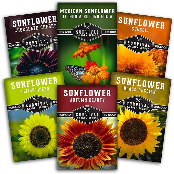 Survival Garden Seeds Sunflower Collection - Autumn Beauty, Black Russian, Chocolate Cherry, Sungold, Lemon Queen, & Mexican Sunflower Varieties - Non-GMO Heirloom Seeds for Planting & Growing
