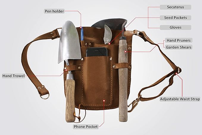 Rubys Collection™ Leather Garden Tool Belt- Gardening holster with pockets & Adjustable Waist Strap. Florist tool belt, Leather Utility Belt & Women’s Garden Tool Pouch