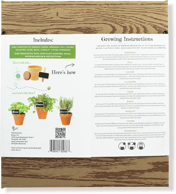 Buzzy 9 Large Terracotta Pot Organic Herb Garden Gift Box, Best Present for Gardeners - Mother's Day or Easter Plant Gift for Mom - Rosemary, Basil and Other Seeds Included in The Indoor Planter kit.