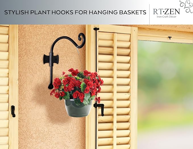 RTZEN Plant Hangers Outdoor or Indoor - Wrought Iron Metal Hanger Indoor Hook - Heavy Duty Wall Bracket Hooks for Hanging Plants Baskets Lanterns Wind Chimes - 2 Pack (Black Axe-Shape Hooks)