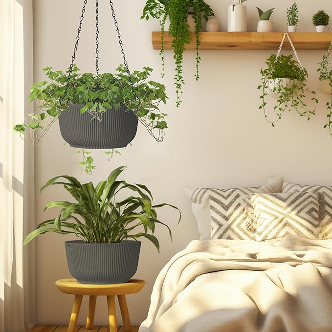 T4U 10 Inch Hanging Planters for Indoor Outdoor Plants, Hanging Plant Pot Pack of 2, Self Watering Hanging Pots with Drainage Hole & Plug & Chain with 3 Hooks for Garden Home Decor, Grey
