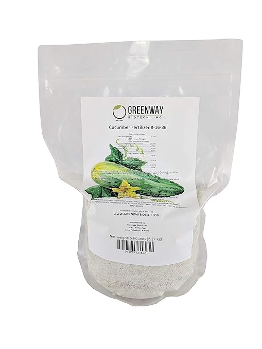 Greenway Biotech Cucumber Fertilizer 8-16-36-100% Water Soluble Plus Chelated Micronutrients Suitable for Soil, hydroponics, and aeroponics - 5 Pounds (Makes ~1000 Gallons)