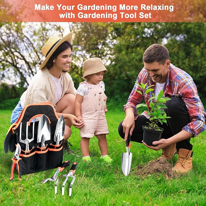 Garden Tools Set, 8 Piece Gardening Tools Set with Non Slip Ergonomic Handle, Heavy Duty Garden Tool Set with Storage Bag, Gardening Kit for Women, Gardening Hand Tools Gift for Women and Men, Orange