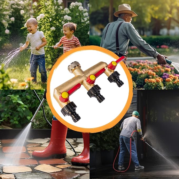 Brass Garden Hose Splitter,3 Way Hose Splitter with 3 Extension Handles, GHT 3/4”Outdoor Faucet Diverter for Irrigation System with Extra 1 Filter Rubber Washers 3 Quick Connectors 1 Tape