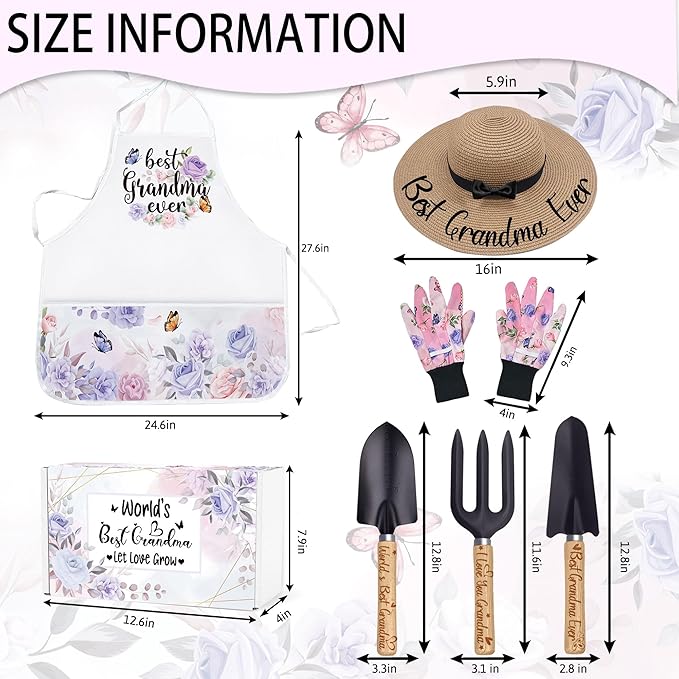 Grandma Gifts for Mothers Day, Gardening Tools Kit with Gloves Apron and Hat, Best Grandma Ever Gifts for Plant Lover, Gardening Gifts Set for Christmas, Grandma Gifts from Grandkids Grandchildren