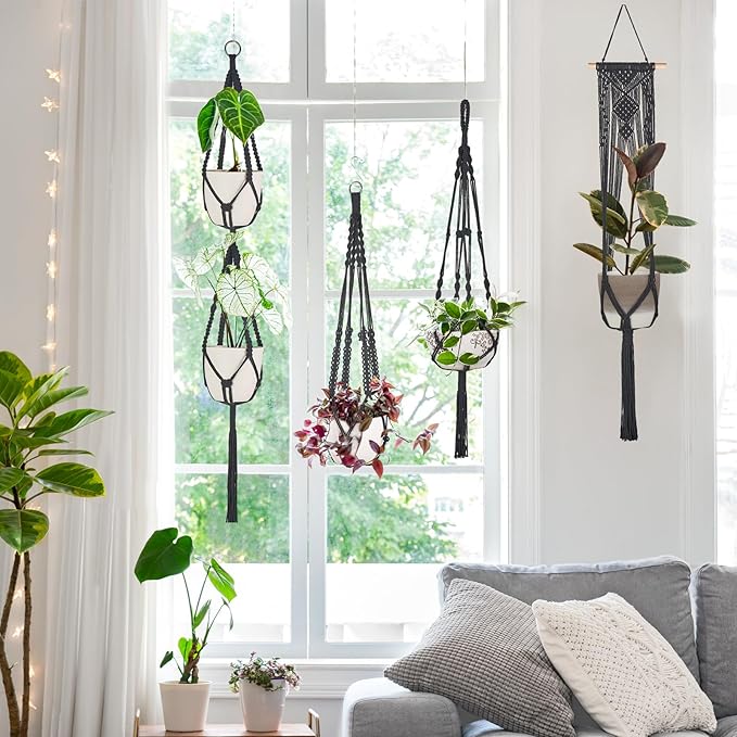 Mkono Macrame Plant Hangers, 5 Pack Different Tiers Indoor Hanging Planters Basket with 5 Hooks Decorative Flower Pots Holder Stand Boho Home Decor, Black