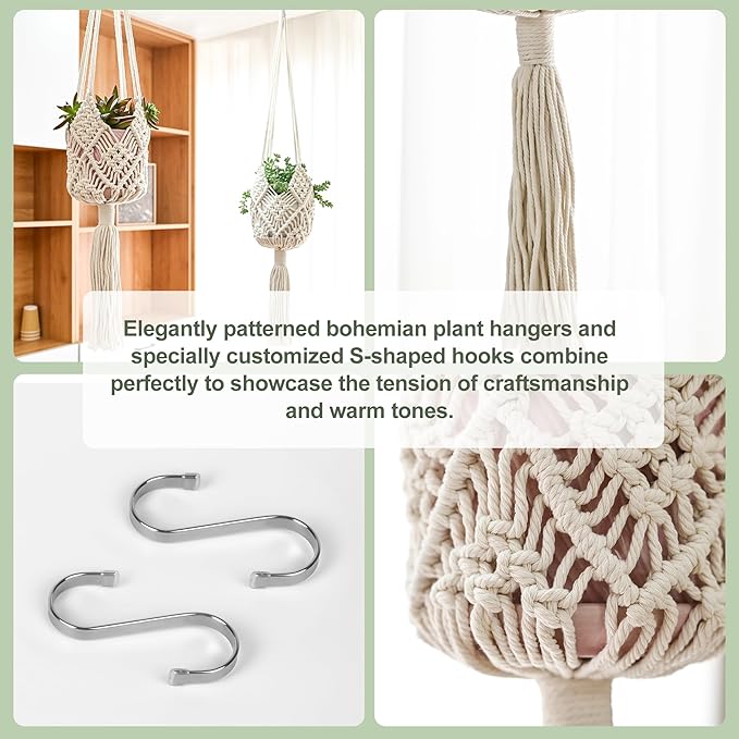 Hanging Planter with Patterns,2Packs Macrame Plant Hangers Indoor Macrame for up to 8 inch Pot Crochet Boho Plant Hanger Holder for Indoor Outdoor with 2S Shaped Stainless Steel Hooks (White)