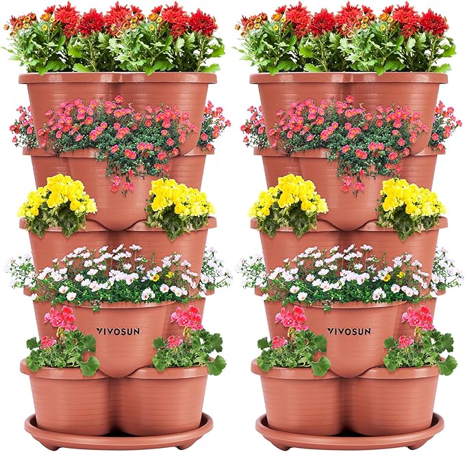 VIVOSUN 2-Pack 5 Tier Vertical Gardening Stackable Planter for Strawberries, Flowers, Herbs, Vegetables, Brown