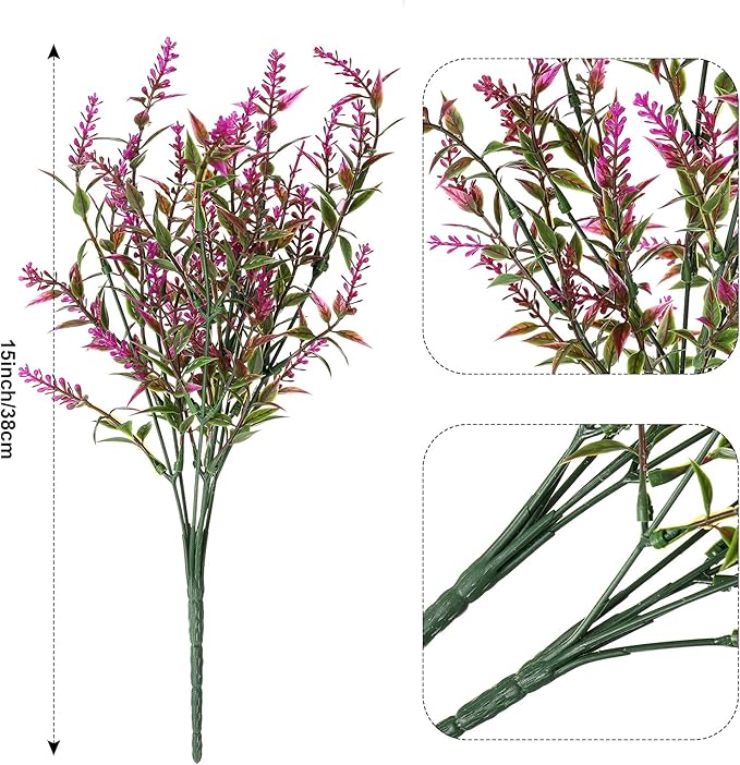 12 Bundles Artificial Lavender UV Resistant Plants Outdoor Faux Flowers Shrubs for Floral Arrangement, Table Centerpiece, Home Garden Decor (Fuchsia)