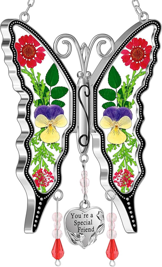 KY&BOSAM Butterfly Suncatcher You`re a Special Friend Gift Glass Suncatchers for Window Hanging Wind Chime Ornament with Pressed Real Flower and Heart Charm Birthday Gift for Mother`s Day Valentine`s
