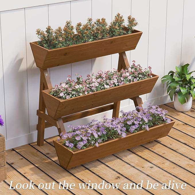3-Tiers Wooden Raised Garden Bed,Wood Planter Box for Vegetable,Flower Rack,Flower Pot Stands,Indoor Outdoor Gardening Planting Beds (Brown, Large)