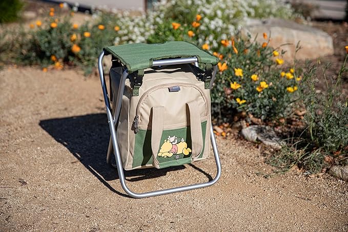 PICNIC TIME Disney Winnie The Pooh Gardener Folding Seat with Tools, Folding Chair Seat with GardenTools Set Organizer, (Olive Green with Beige Accents)