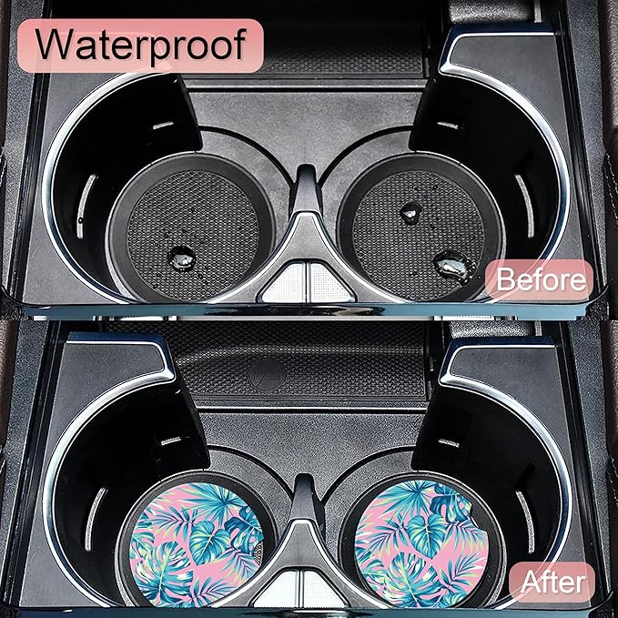 Tropical Pink Palm Leaves Car Coasters,Ceramic Absorbent Cup Holders with Finger Notch & Cork Base Car Assecories for Women/Men 2.6"(2 Pieces)