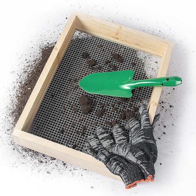 15.74" x 11.81" Soil Sifter - Steel Wire Mesh & Natural Wood Dirt Sifter for Gardening - Compost, Rock, & Dirt Sifter Tool with Gloves and Trowel- Essential Garden Tool for Flower & Vegetable Planting