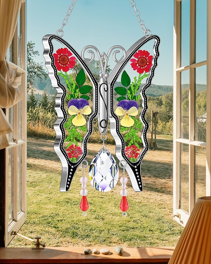 KY&BOSAM Butterfly Suncatchers for Windows - Stained Glass Crystal Wind Chimes with Metal Charms, Colorful Rainbow Prisms Garden Decor for Mom/Grandma, Christmas Wedding Gifts (8" Hanging Ornaments)