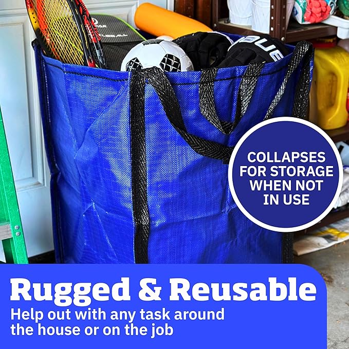 DURASACK Heavy Duty Home and Yard Waste Bag 48-Gallon Woven Polypropylene, Reusable Lawn and Leaf Garden Bag with Reinforced Carry Handles, Pop-Up Self-Standing Garbage Can, Blue