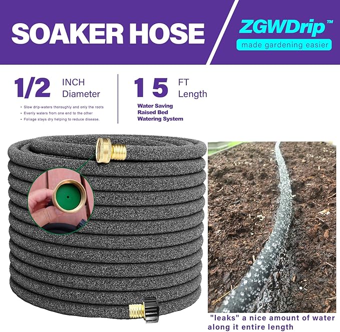 Soaker Hose 15 FT,1/2 Inch Soaker Garden Hose with 3/4" Solid Brass Connectors