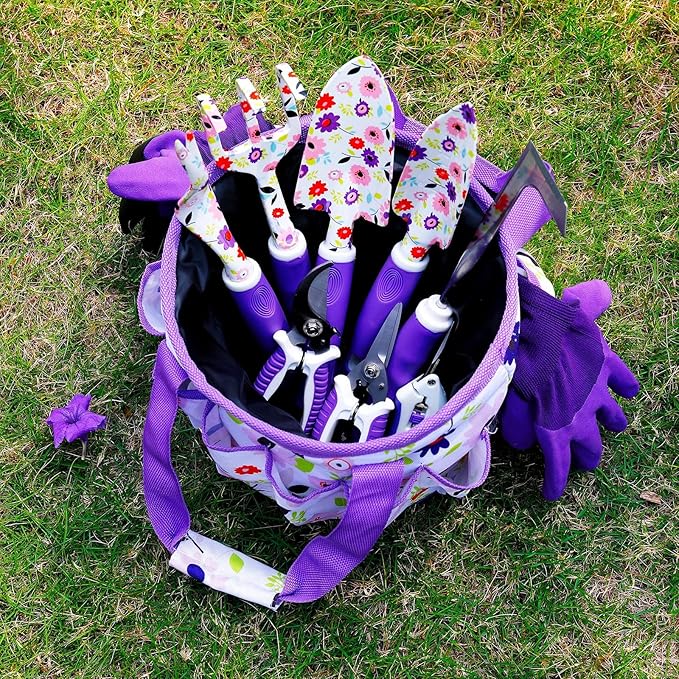 Floral Purple Garden Tool Set Gardening Gifts for Women,Garden Pruning Shears Set,Heavy Duty Gardening Tools Kit,Storage Tote Bucket Bag Organizer,Birthday Gifts for Her