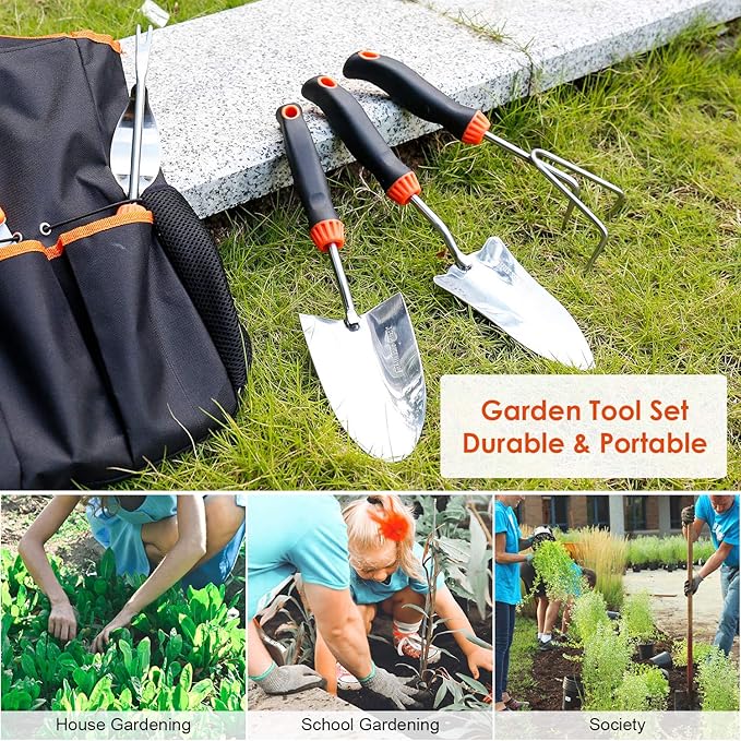 Garden Tool Set, 9 Piece Stainless Steel Heavy Duty Gardening Tool Set, with Non-Slip Rubber Grip, Storage Pocket, Ideal Garden Tool Kit Gift for Women/Parent