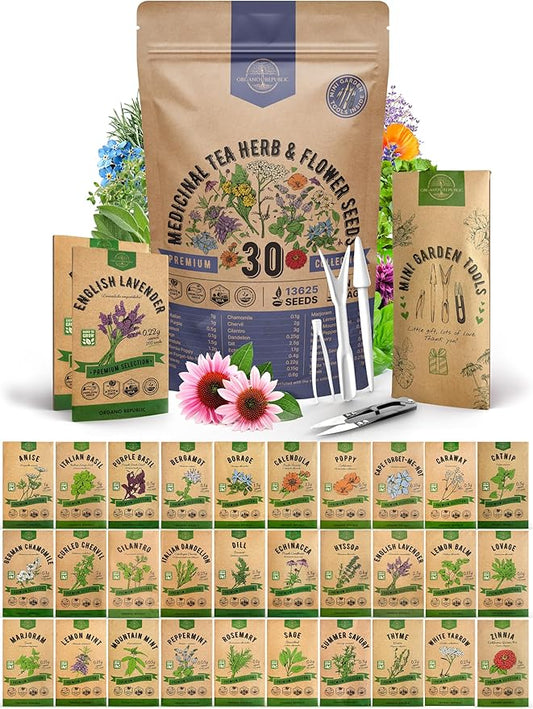 30 Medicinal Tea Herb & Flower Seeds Variety Pack - 13600+ Non-GMO Heirloom Flower Seeds for Outdoor and Indoor Home Gardening, Including Bergamot, Dill, Catnip, Calendula, Dandelion, Lovage, Zinnia