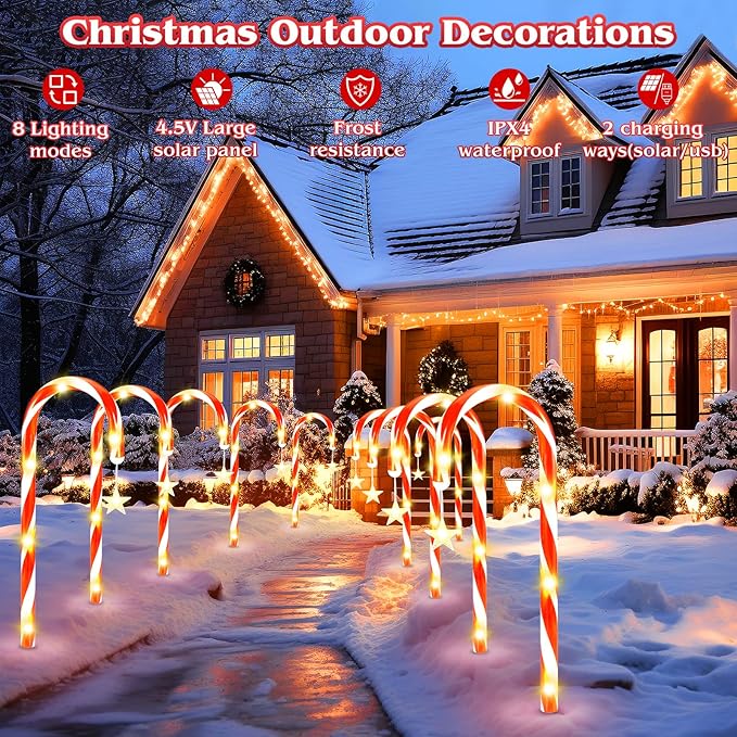 19.3in Christmas Solar Candy Cane Lights, 10 Pcs Pathway Light with Star 8 Flashing Modes, Outdoor Christmas Decorations for Outside Path, Walkway, Driveway, Sidewalk, Porch, Yard, Garden