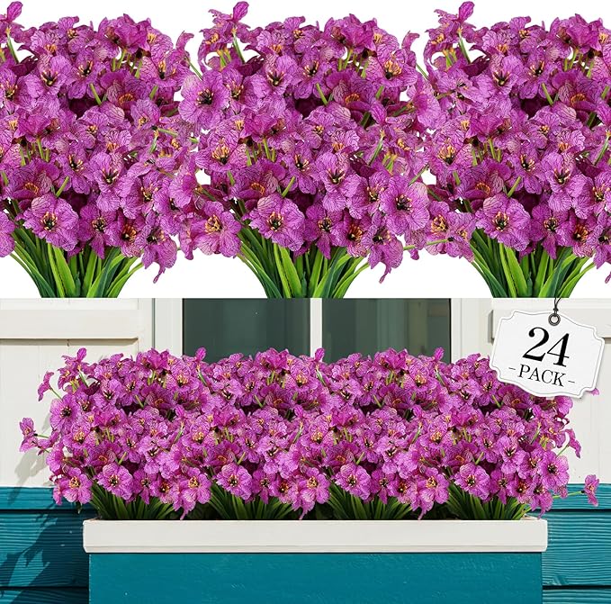 24 Bundles Artificial Flowers for Outdoor,No Fade Fake Plastic Flowers Faux Plants for Decoration Hanging Planters Indoor Outside Garden Porch Window Box Home Wedding Farmhouse