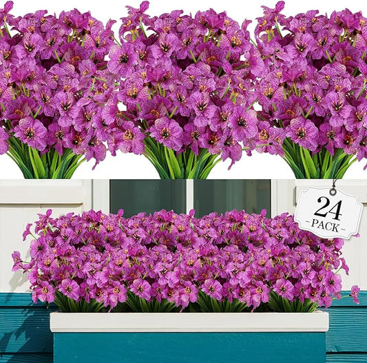 24 Bundles Artificial Flowers for Outdoor,No Fade Fake Plastic Flowers Faux Plants for Decoration Hanging Planters Indoor Outside Garden Porch Window Box Home Wedding Farmhouse
