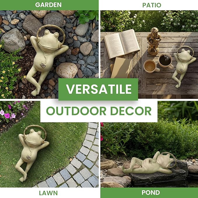 Frog Garden Statue –Relaxing Resin Yard Decor, Whimsical Yard Figure, Porch Statue, Outdoor Zen Garden Decor, Larger Size 12" x 7.5", Patio, Landscaping for Mom, Art Lover Collector