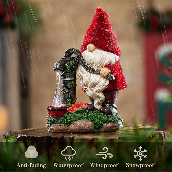 TERESA'S COLLECTIONS Resin Garden Gnomes Decor with Solar Lights, Red Outdoor Decorations for Porch Patio, Gifts for Women and Men,Outdoor Garden Decor Ornaments for Outside, 9"