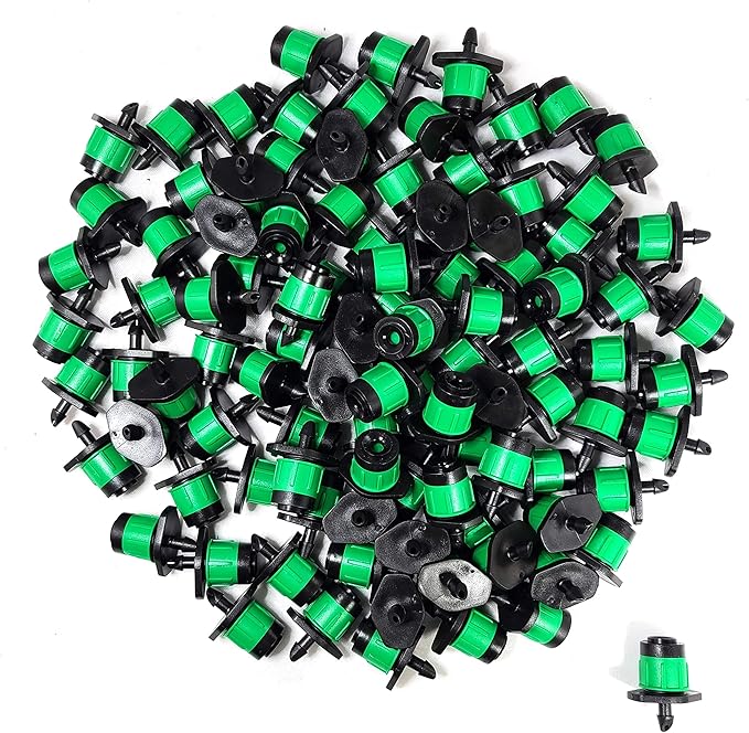 (100-PACK) - 1/4" Inch 360 Degree Drip Emitter On 6" Stake Sprayer Adjustable Flow 0-20 GPH, Fits 1/4 (4-6mm) Irrigation Tubing - Micro Bubbler Drippers for Drip Irrigation (100 Pack Dripper on Barb)
