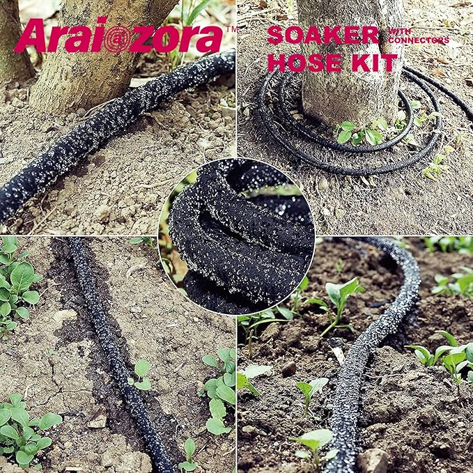 Soaker Hose 150 FT For Garden Beds,Heavy Duty Solid Brass Connector 1/2“ Ruber Drip Irrigation Kit with Hose Stakes&Connector Set for Flower Bed&Yard,Landscaping