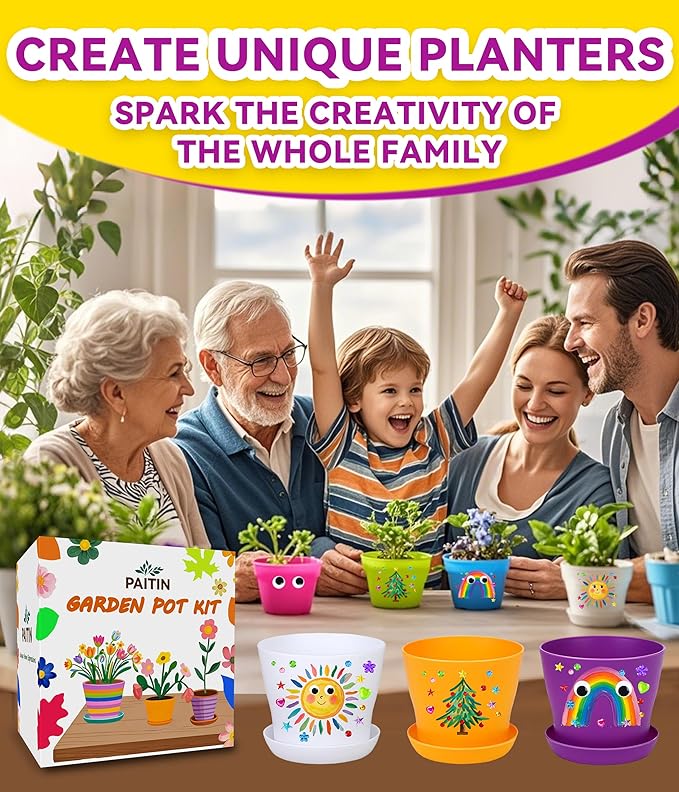 PAITIN Paint & Plant Flower Gardening Kit - 4 Inch Plant Pots, Kids Gardening Tools, Plant Labels, Paints, Brushes, Gem & Eye Stickers - Perfect Gardening Gifts for Women & Kids