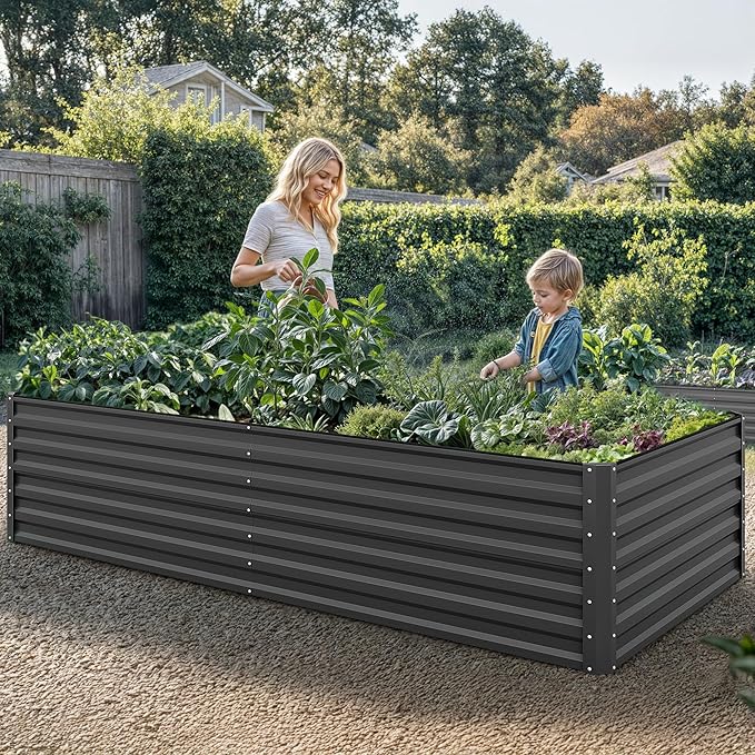 YITAHOME 96x48x24 in Galvanized Raised Garden Bed Kit, Large Metal Planter Box with Gloves, Safety Rubber & Support Rod, Outdoor Flower Bed for Plants Vegetables, Black