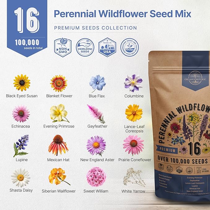 Organo Republic 16 Perennial Wildflower Seeds Mix for Indoor & Outdoors. 100,000+ Non-GMO, Heirloom Wildflower Garden Seeds, 4oz Packet for Growing Wild Flowers to Attract Bees, Butterflies & Birds