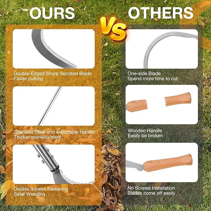 HQPASFY Weeding Sickle Set, Long Handle Sickle with Serrated Double-Edged Blade, Grass Sickle Stand Up Weeding Tool with 2 Pack Leaf Scoops, 16 Gallon Lawn Bag with Gardening Gloves for Yard