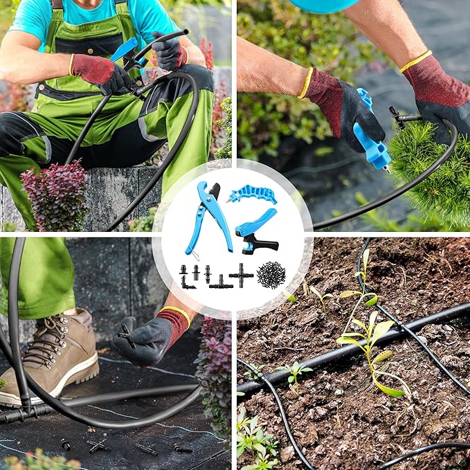 Feekoon Drip Irrigation Tubing Cutter Hole Punch Tools with 115 Irrigation Plugs, 2 in 1 Drip Irrigation Tubing Hole Punch for Easier 1/4" Inch Fitting 16 20 25 mm PE Pipe and Emitter irrigate