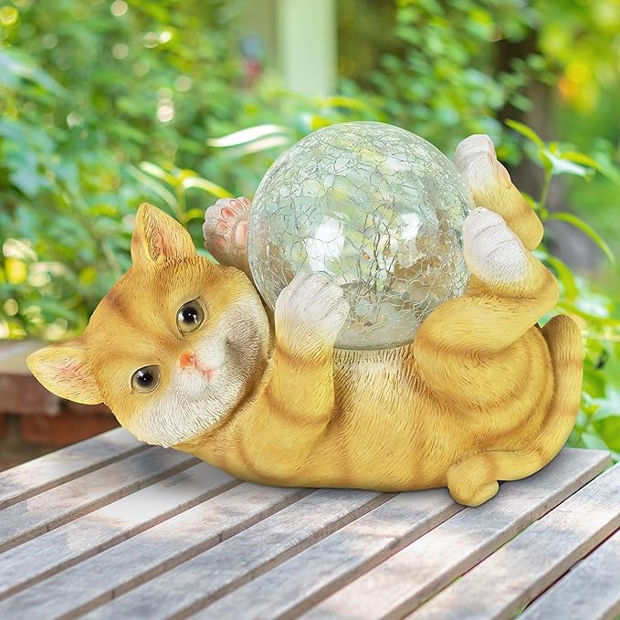 Exhart Garden Sculpture, Solar Cat Garden Statue with LED Light Crackle Ball, Outdoor Garden Decoration, 10.5 x 7.5 Inch, Multicolor, Resin