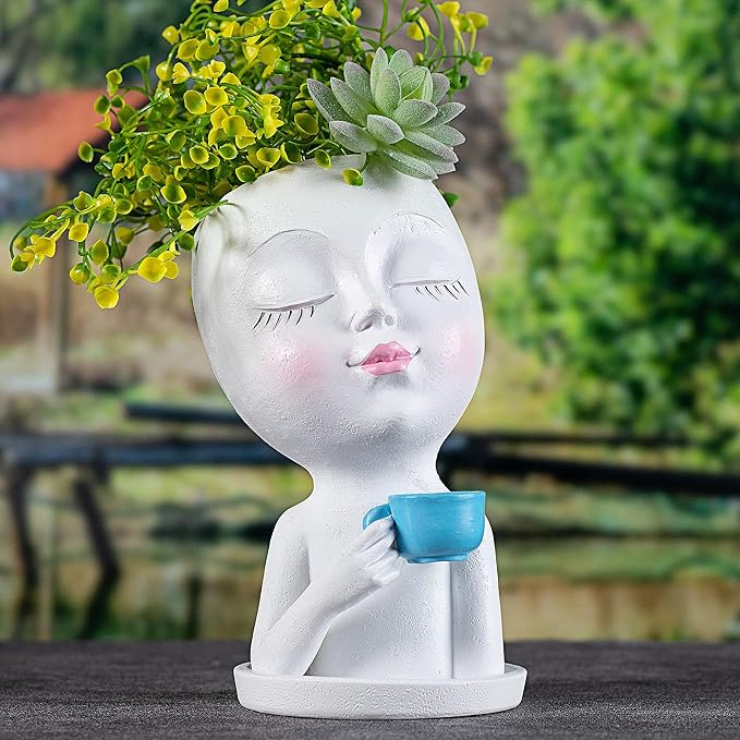 Face Planter Pot with a Base- Face Flower Pot for Indoor Outdoor Plants Resin Succulent Planter with Drainage Hole Cute Lady Face Plant Pots, White