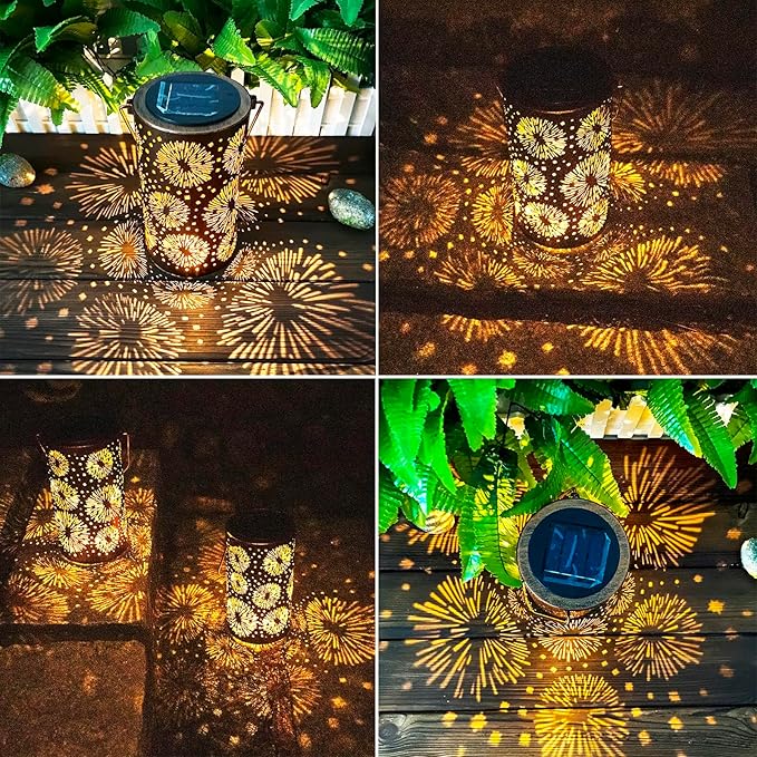 Mothers Day Gifts, Fireworks Solar Lanterns Outdoor Hanging, Hollowed-Out Metal Waterproof LED Garden Decor Light for Patio Yard Pathway Lawn Front Porch Tree, Birthday Gifts for Women Mom Grandma