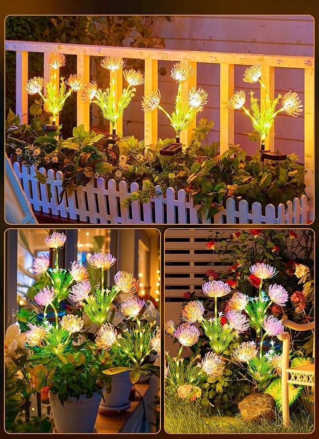 Brightown Outdoor Solar Garden Lights - 4 Pack LED Flower Lights with Glowing Flowers & Stems, Realistic, Bigger Solar Panel, Waterproof for Yard Patio Home, Pink