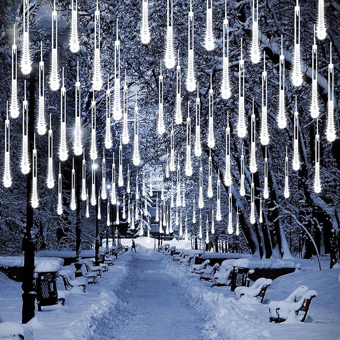 Solar Meteor Shower Lights,Solar Christmas Lights Outdoor Waterproof,16 Tubes 384 LEDs (Equivalent to 2 Sets of 8-Tube) Icicle String Light,LED Rain Drop Light for Tree Garden Decoration (Cool White)