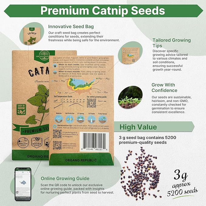 Catnip Seeds Pack 3G - Over 5,200 Non-GMO Heirloom Catnip Seeds for Cats in Individual Seed Packet, Seeds for Planting Herbs Indoors & Outdoors, Plants for Cats, Growing Fresh Catnip for Cat Health