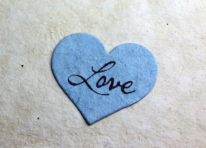 Of The Earth Handmade Paper - Wildflower Seed Paper Small Heart Tags - Calligraphy Variations - 1.75" X 1.5" - Set of 50 (Love 34s Blue Lotka)