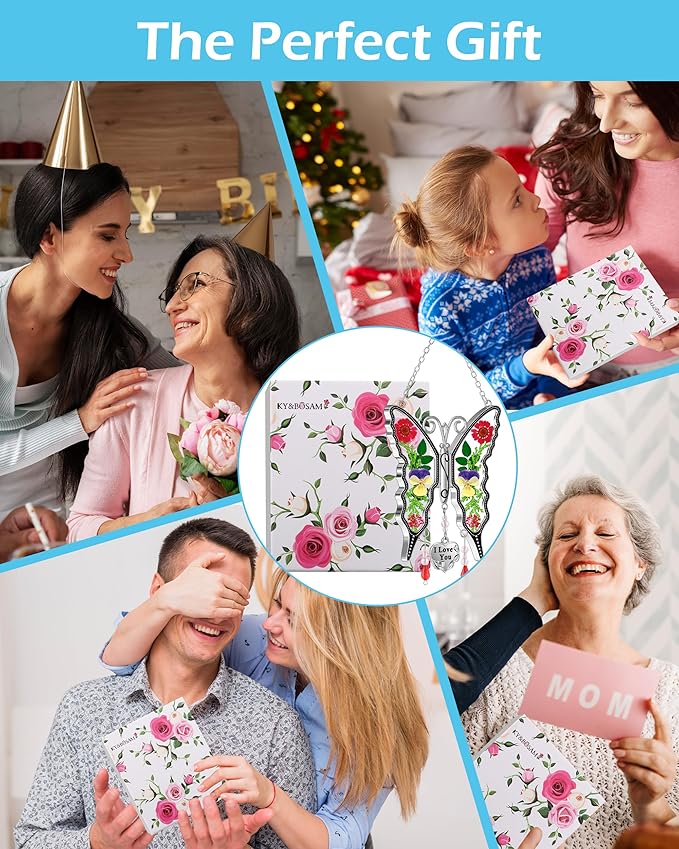 KY&BOSAM Butterfly Suncatcher I Love You Gifts for Mom for Windows Hangings Wind Chimes Pressed Flower Between Wings with Metal Heart Charm Birthday Gifts for Women Mother's Day Valentine's Christmas