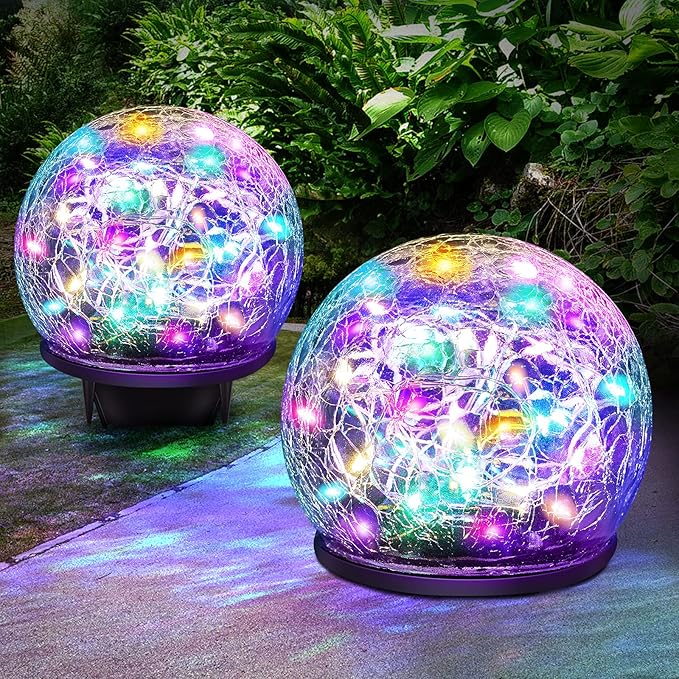 Solar Garden Lights, 4 Pack 120 LED Multicolor Cracked Glass Solar Outdoor Lights Decorative, Upgraded Waterproof Ball Lights for Yard Pathway Patio Lawn Christmas Outside Decor, TYN2023-5