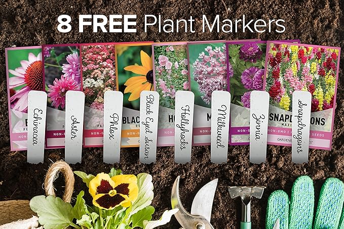 Gardeners Basics, Butterfly Seeds for Planting Outdoors Flower Seeds (8 Variety Pack) Milkweed, Aster, Zinnia, Hollyhock, Snapdragons, Echinacea, Phlox, Black Eyed Susan Pollinators Wildflower Seed