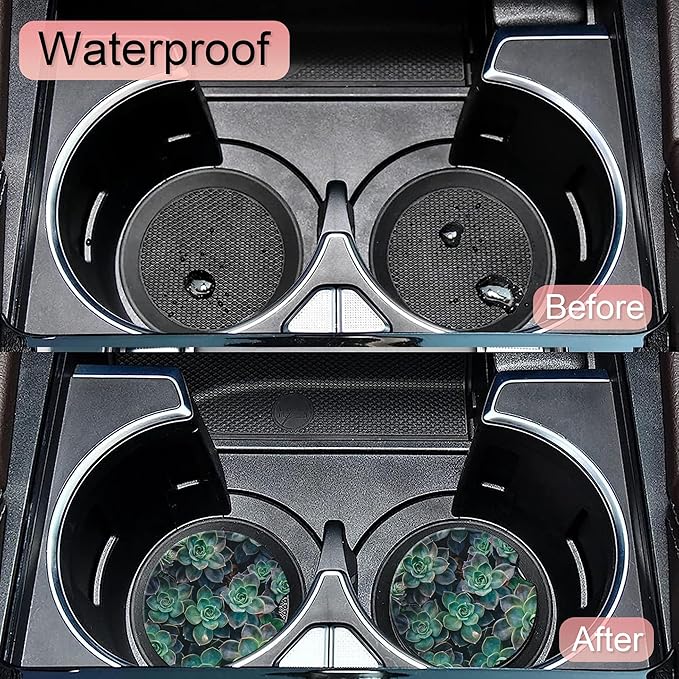 Succulent Floral Plant Flower Car Coasters,Ceramic Absorbent Cup Holders with Finger Notch & Cork Base Car Assecories for Women/Men 2.6"(2 Pieces)