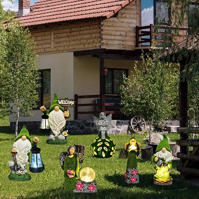 ASAWASA Gnomes Decorations for Yard with Solar LED Light, 10.8" Large Outdoor Funny Garden Lawn Gnome Decor with Welcome Sign