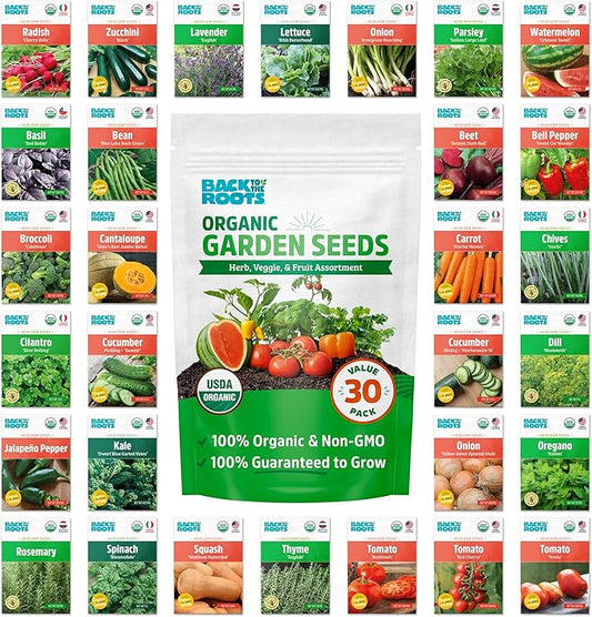 Back to the Roots Heirloom Organic, Non-GMO & USA Grown Seeds, 30ct Herb, Fruit, and Veggies, Assortment May Vary, Guaranteed to Grow