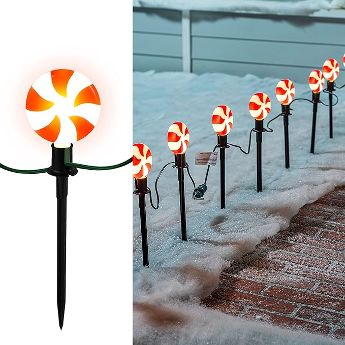 Joiedomi Set of 14 Christmas Lollipop Pathway Lights Outdoor with Stakes and Clips, 14.3 FT Plug in Peppermint Walkway String Lights for Christmas Decoration, Yard, Pluggable, Hangable, Waterproof